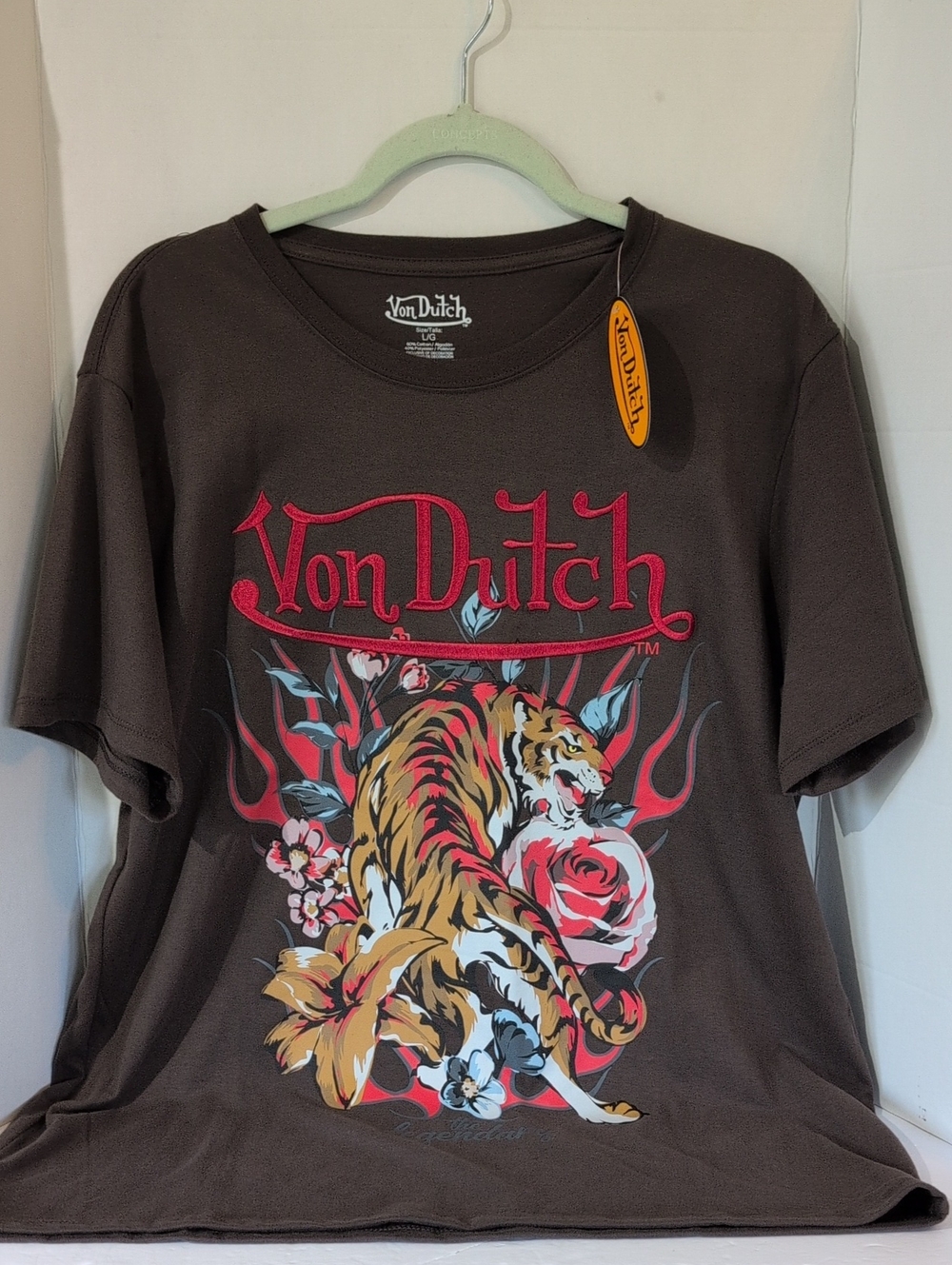 NWT Von Dutch Mens's Brown Graphic Tiger Logo Tee, Large